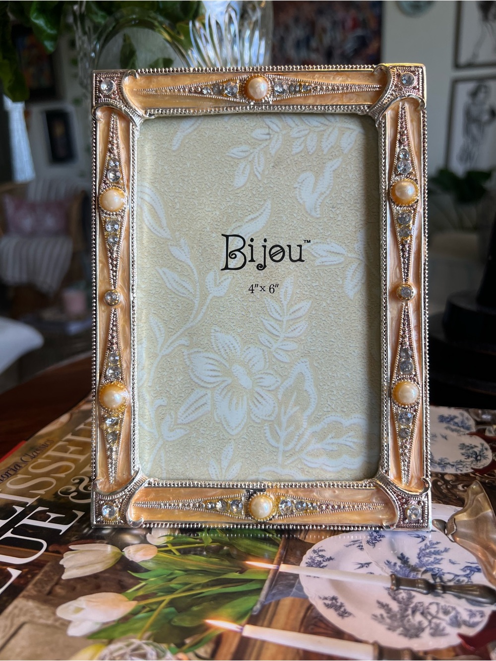 Bijou 4x6  Silver Pearl & Rhinestone Art Deco Picture Frame